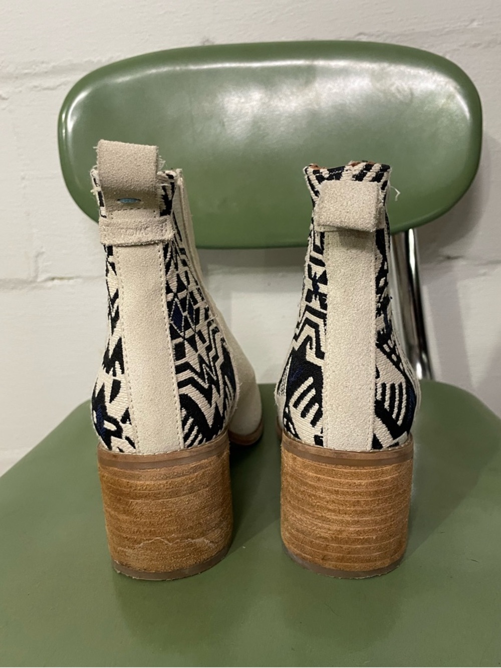 Toms Cream Suede Chelsea Booties with Blue & Black Patterned Heel - Picture 3 of 7